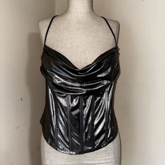 NWT Sincerely Jules Silver Metallic Lame Halter Spaghetti Strap Stretch Top Sz L - Picture 1 of 11